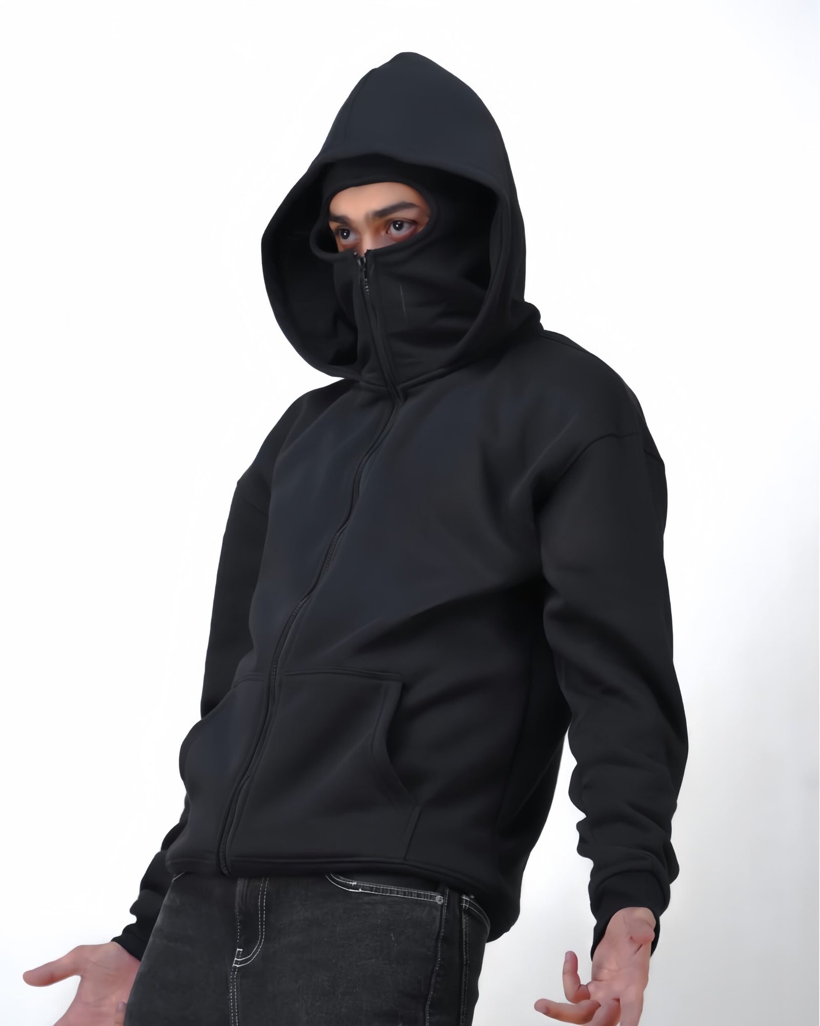 Built-in Mask Zip Jacket Balaclava Hoodie With Built-in Face Mask