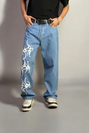 Close-up of Blue Straight Leg Printed Jeans in light wash, featuring a modern printed design for a trendy, versatile look.