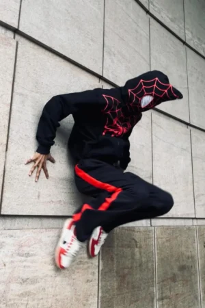 Black Spider-Man hoodie with bold comic-style design for Marvel fans