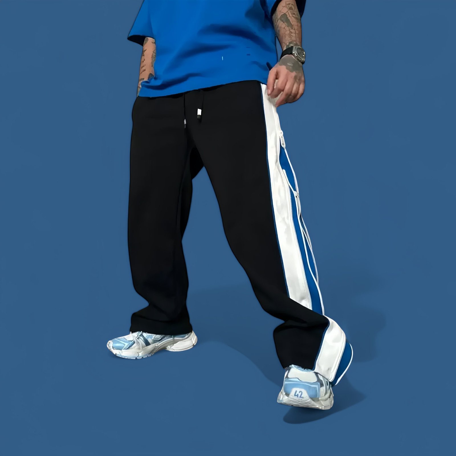 Double Zip Duo Colour Blue & White Wide leg Relaxed Fit Baggy Y2K pant - Image 2