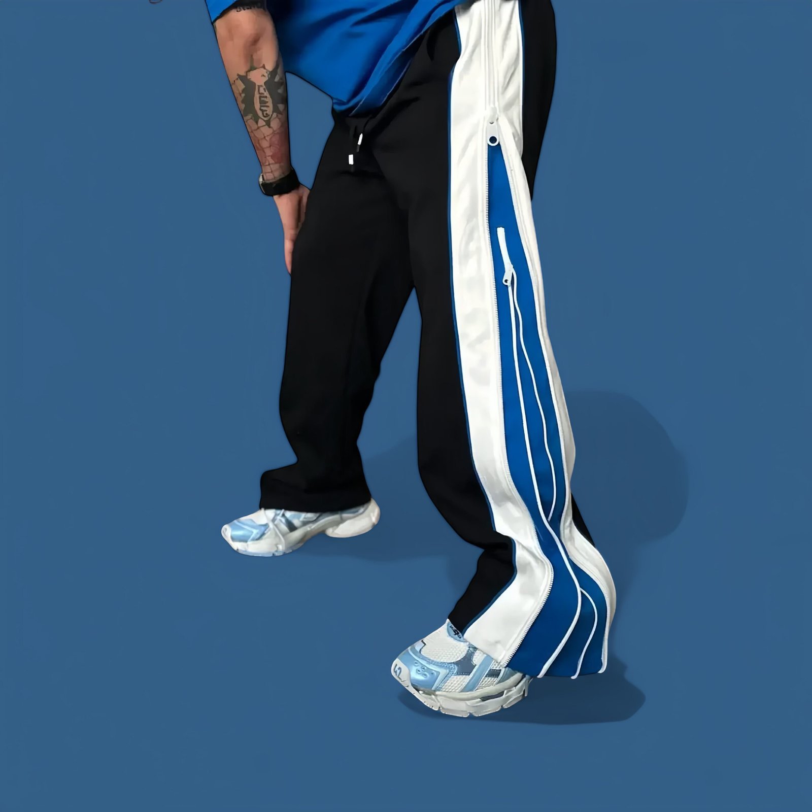 Double Zip Duo Colour Blue & White Wide leg Relaxed Fit Baggy Y2K pant - Image 3