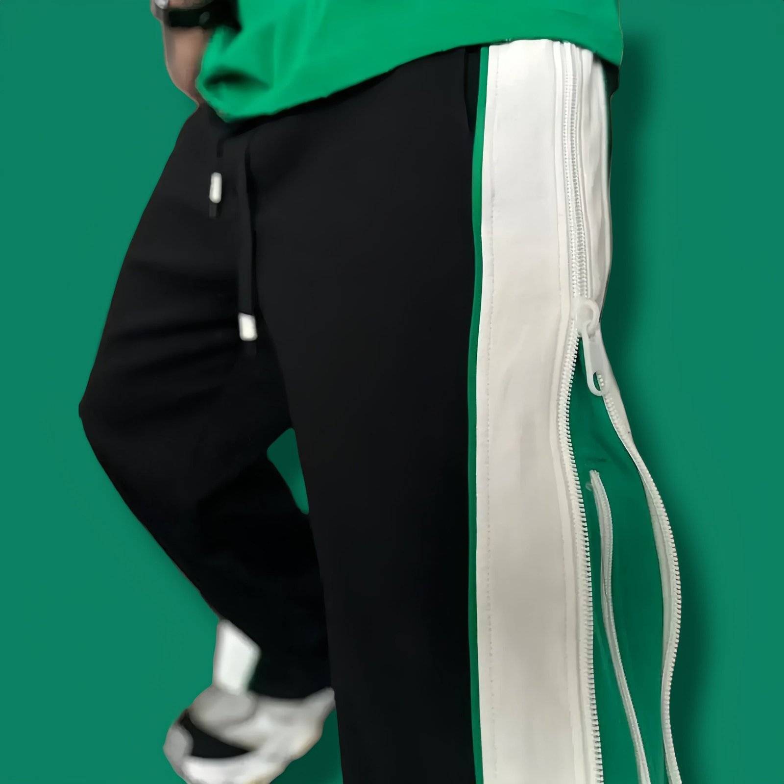 Double Zip Duo Colour Green & White Wide leg Relaxed Fit Baggy Y2K Pant - Image 2