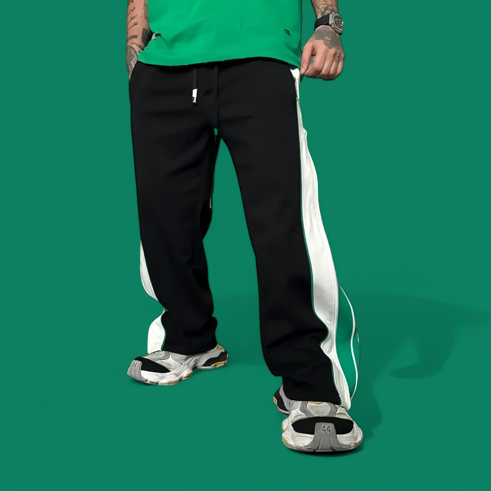 Double Zip Duo Colour Green & White Wide leg Relaxed Fit Baggy Y2K Pant - Image 3