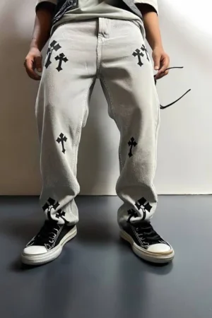 Urban Vintage Cross Print Baggy Straight Fit Jeans