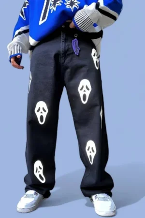 Skull Print Denim Baggy Straight Fit Jeans: Edgy Fashion Statement