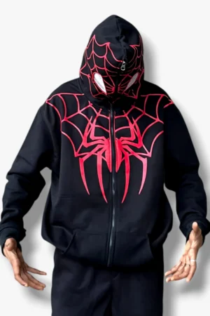 Front view of the Marvel Spider-Man Hoodie by The Drip Soul showing full-zip design and superhero graphic print.