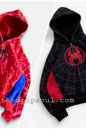 The Drip Soul Spidey Style Spider Hoodie black color and red color front view with Marvel-inspired spider graphic