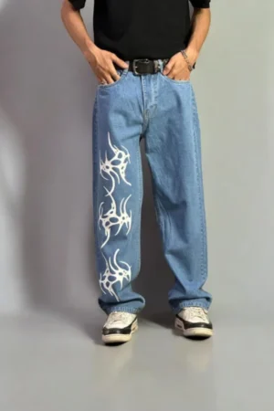 Blue Straight Leg Printed Jeans - Light Wash for Timeless Denim