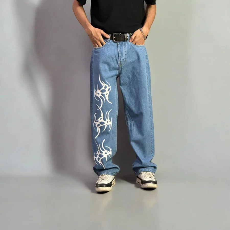 Blue Straight Leg Printed Jeans - Light Wash for Timeless Denim