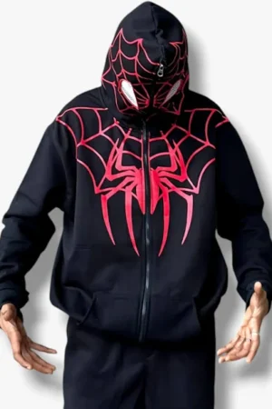 Front view of the Marvel Spider-Man Hoodie by The Drip Soul showing full-zip design and superhero graphic print.