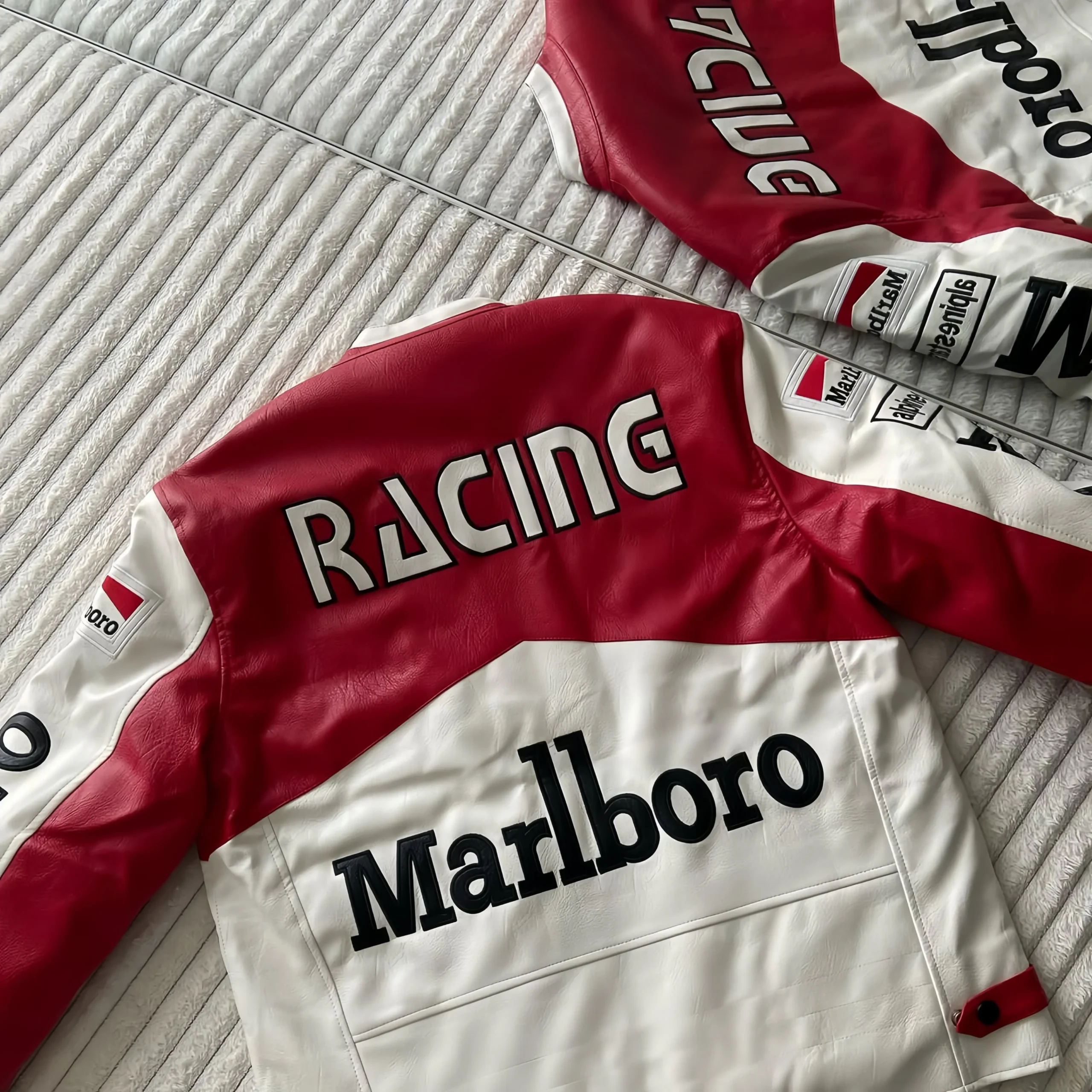 Back design of Vintage Marlboro Racing Leather Jacket with bold branding