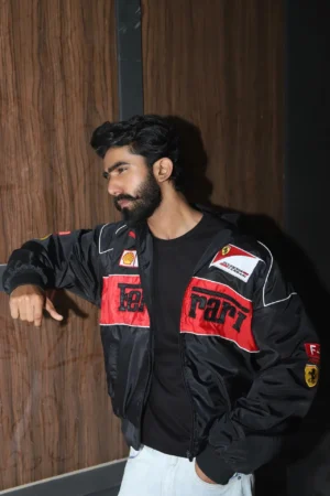 Black Ferrari embroidered jacket front view for men