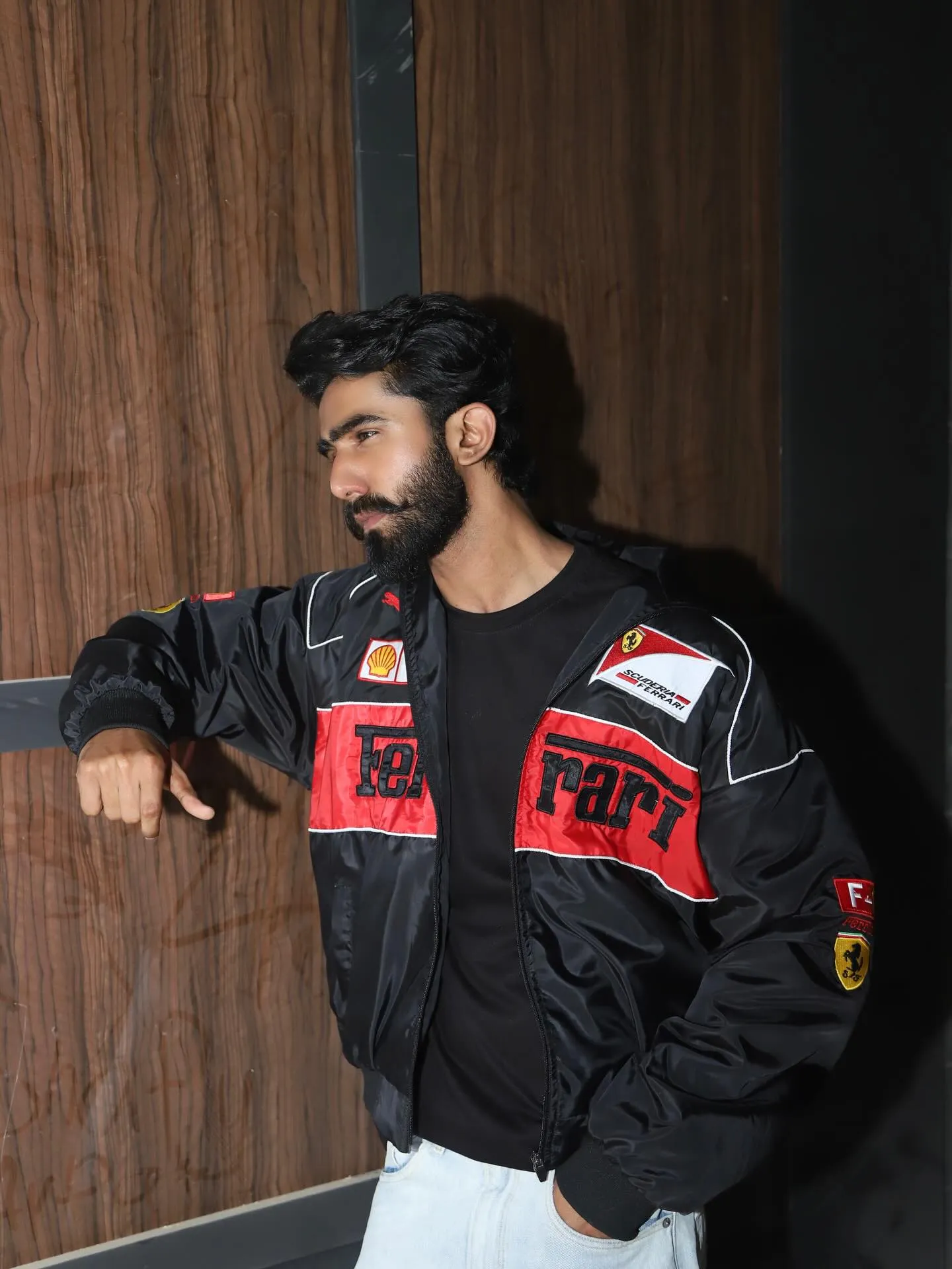 Black Ferrari embroidered jacket front view for men