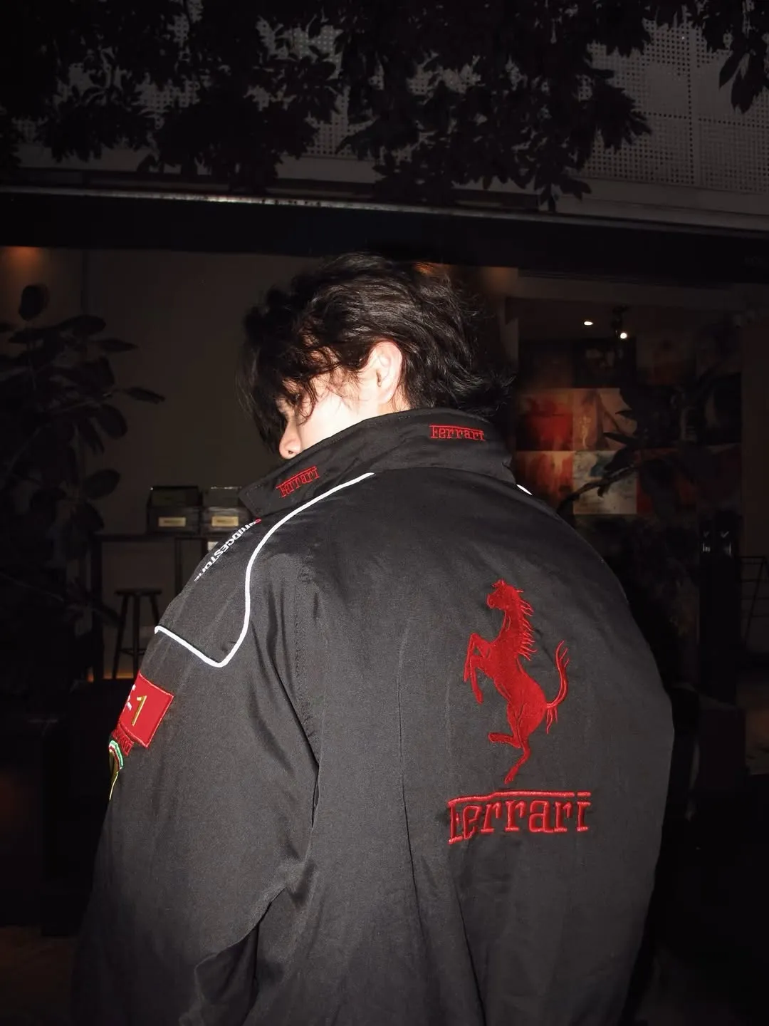 Embroidered Black Ferrari F1 jacket back view – racing embroidery detail, motorsport streetwear India