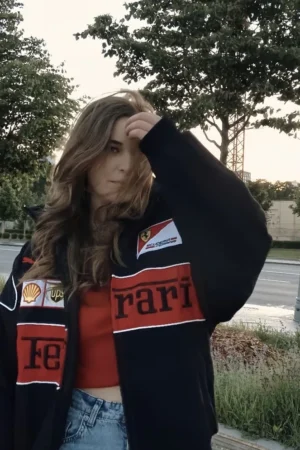 Black Ferrari F1 jacket front view by The Drip Soul