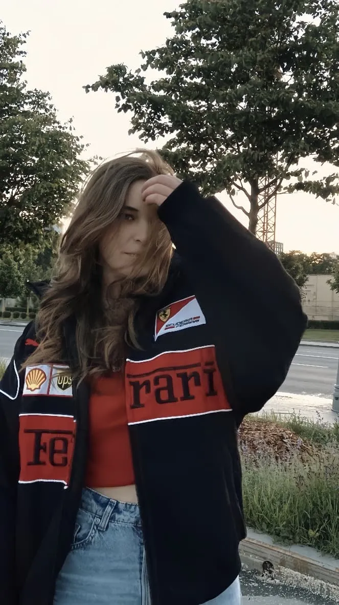 Black Ferrari F1 jacket front view by The Drip Soul