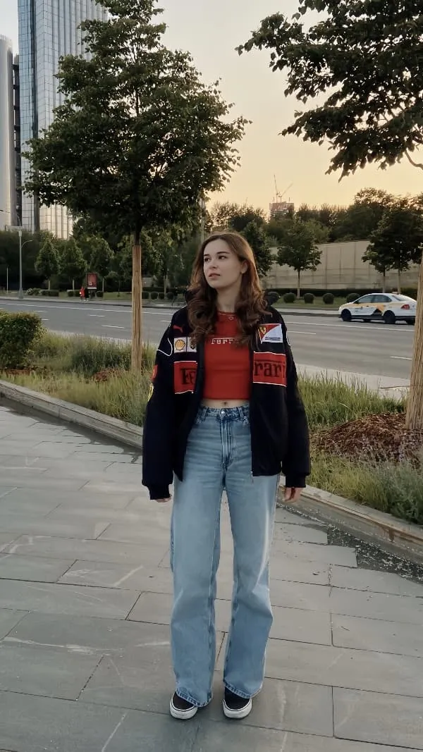 Black Ferrari F1 jacket styled with streetwear outfit