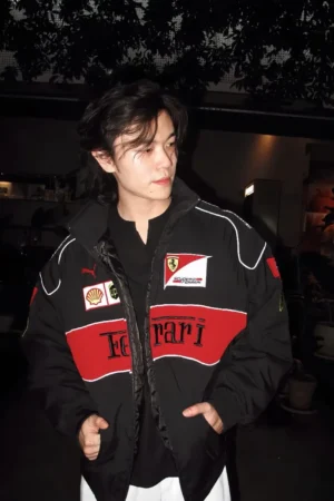 Embroidered Black Ferrari F1 Jacket front view – lightweight parachute fabric, The Drip Soul India