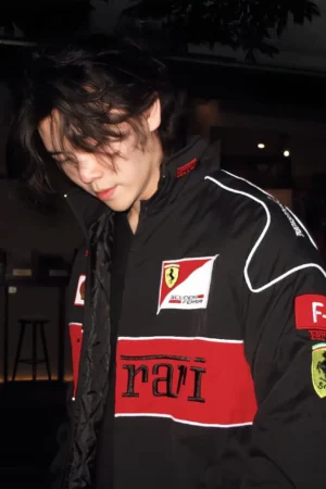 Close-up of real thread embroidery on Black Ferrari F1 jacket – high-density stitching, The Drip Soul
