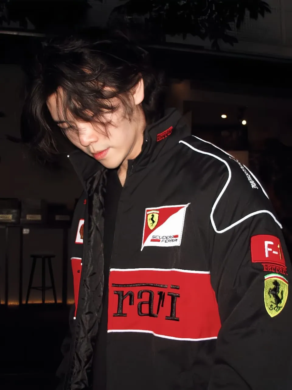 Close-up of real thread embroidery on Black Ferrari F1 jacket – high-density stitching, The Drip Soul