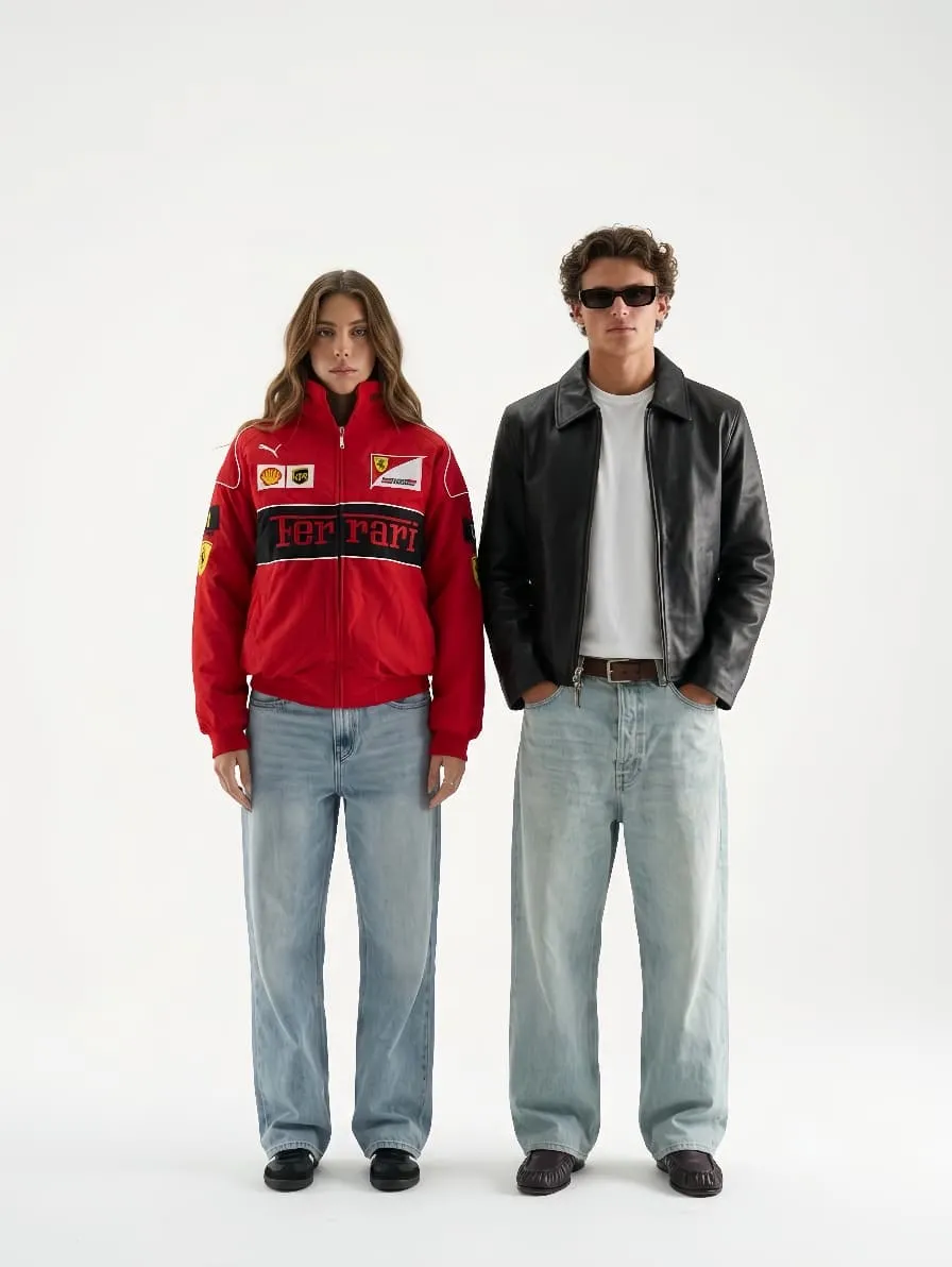 Red Ferrari F1 racing jacket and leather jacket combo pack