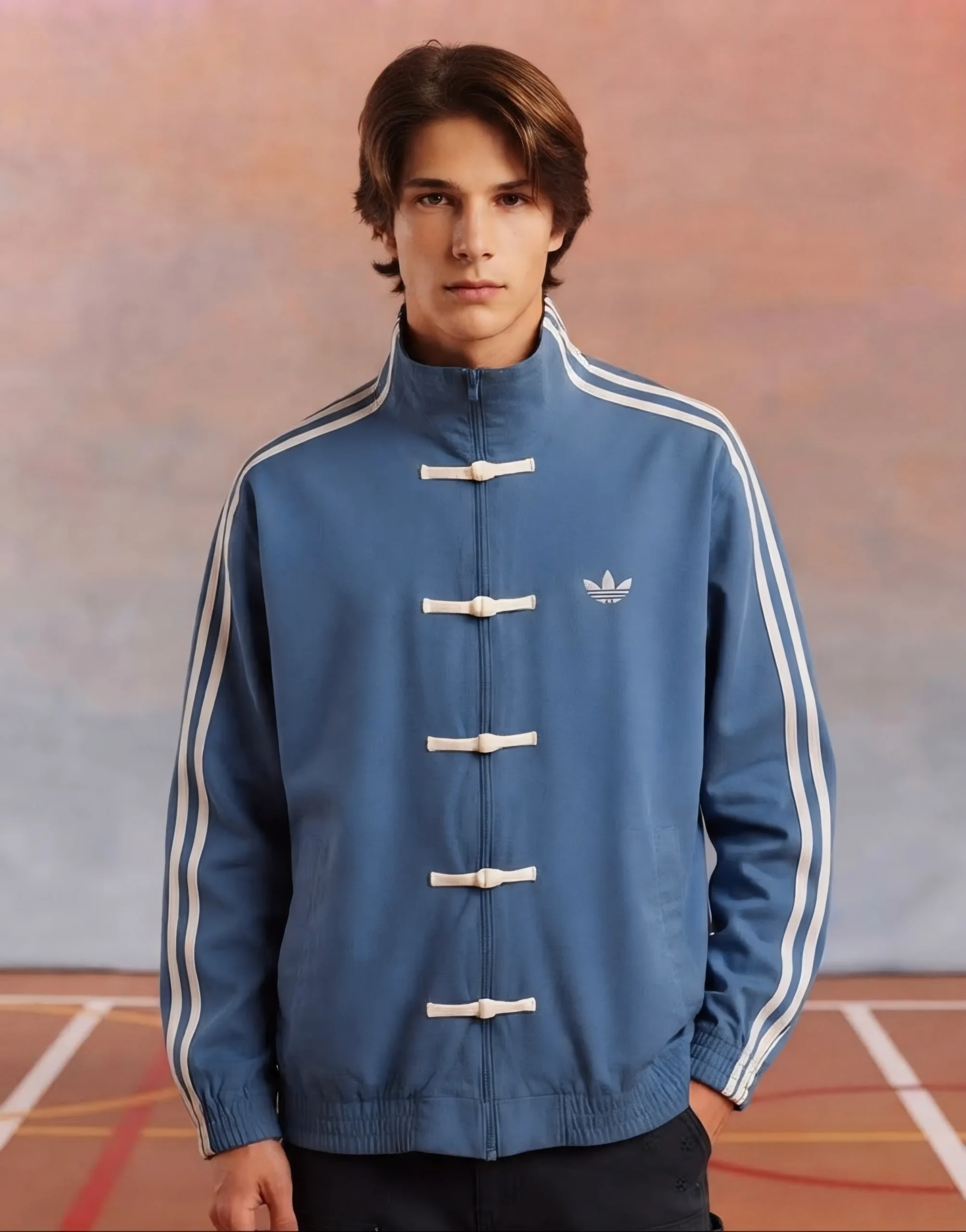 Model Wearing Adidas CNY Jacket by The Drip Soul in blue Color and Showcase traditional knot button and Jacket detailing