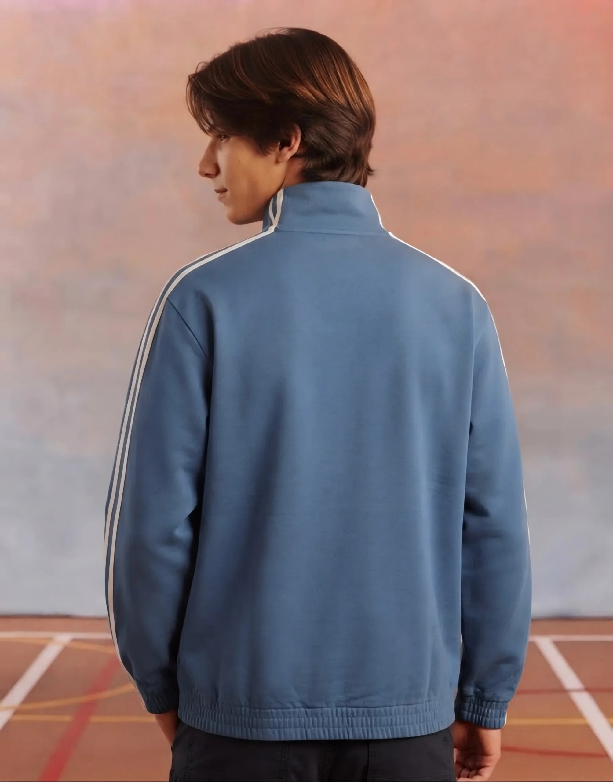 CNY Jacket by The Drip Soul in India Model Wear Blue Color and Showing back view of oversized streetwear silhouette Adidas Knot Jacket