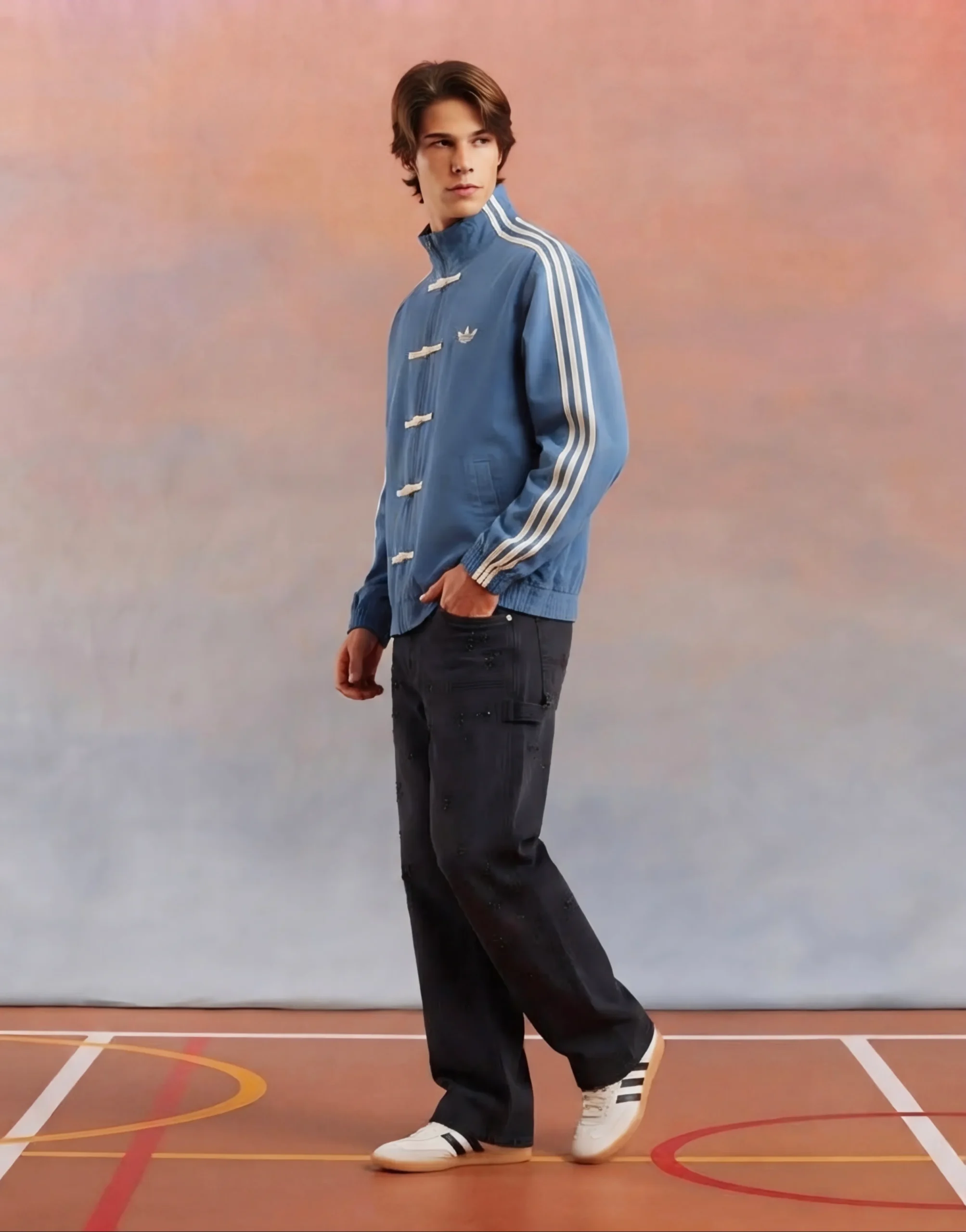 Model Wearing Oversized CNY Jacket in blue color with relaxed boxy streetwear fit